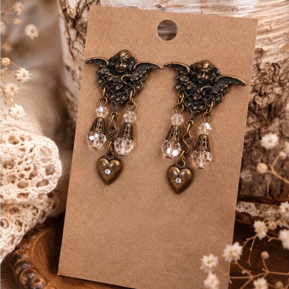 Vintage Angel Heart Crystal Dangle Earrings Romantic Brass Cherub Studs